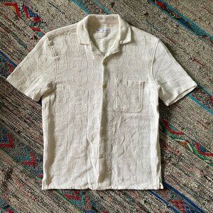 ZARA Men's Cotton Lace Short Sleeve Button-up Shirt - Small - Light Beige